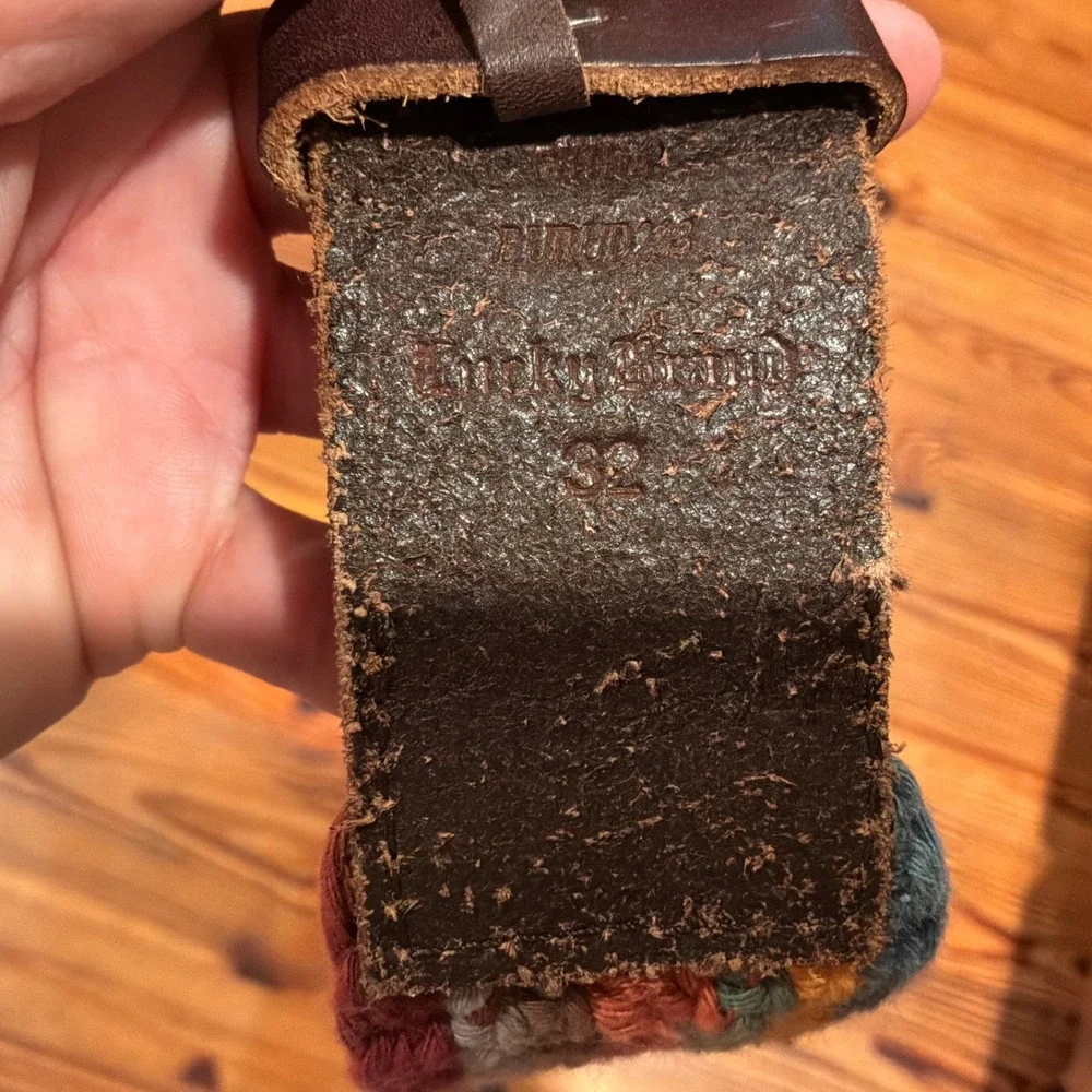 Lucky Brand Boho Crochet Knit Leather Belt Multicolor Brass Buckle Size 32